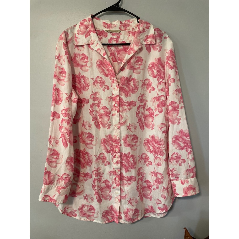 Soft Surroundings Pink Floral Rose Tencel Button Down Shirt Long Sleeve